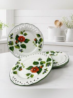 Brunelli Italy Tiffany Floral Pierced Rim 10.5” Dinner Plates Set 4  Vintage Set